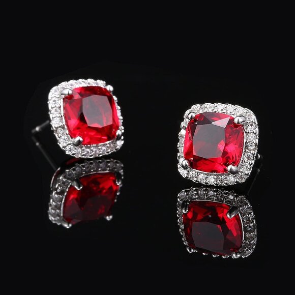 Women's Square Birthstone Cubic Zirconia Mall Dainty Red Elegant Earring - Picture 4 of 6